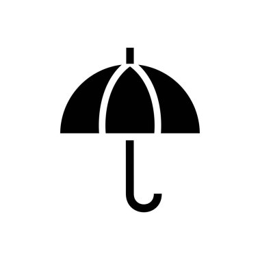 Siyah bir şemsiye simgesi basit ve temiz bir tasarımla tasvir edilir. Bu grafik hava durumuyla ilgili temalar, uygulamalar veya koruyucu bir sembole ihtiyaç duyan web siteleri için kullanılabilir..