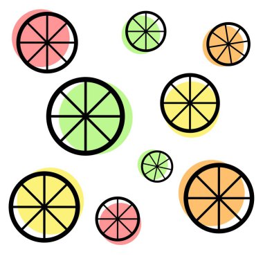 Meyve dilimlerine benzeyen parlak renkli geometrik şekiller temiz beyaz bir arkaplana dağılmış durumda..