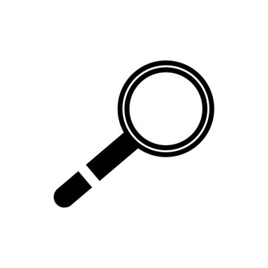 Basit bir siyah-beyaz büyüteç sembolü düz bir arkaplanda sunulur. Bu tasarım çeşitli bağlamlarda arama, araştırma ve keşif kavramlarını temsil eder..