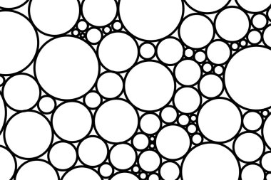 Modern bir soyut kompozisyonda temiz beyaz arkaplanda çeşitli siyah daireler sergilenir..