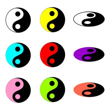 Sarı, mavi, kırmızı, mor, pembe, yeşil ve turuncu gibi çeşitli renklerde dokuz yin yang sembolü bir ızgarada gösterilir. Her sembolün kendine has bir renk şeması ve tasarımı var..