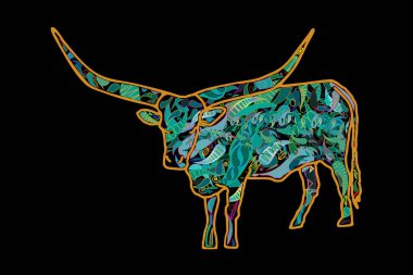 Siyah arka planda uzun boynuzları olan çok renkli bir bufalonun vektör çizimi