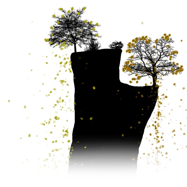 落ち葉と崖の上の木のシルエット — ストック写真