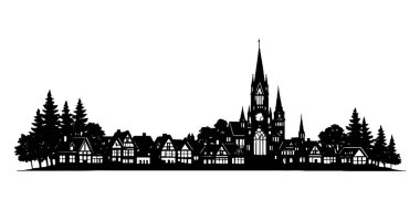 Geleneksel evleri, ağaçları ve yüksek kulesi olan kilisesi olan küçük bir Avrupa kasabasının siyah silueti. Huzurlu köy manzarası ve beyaz arka planda izole edilmiş kırsal manzara.