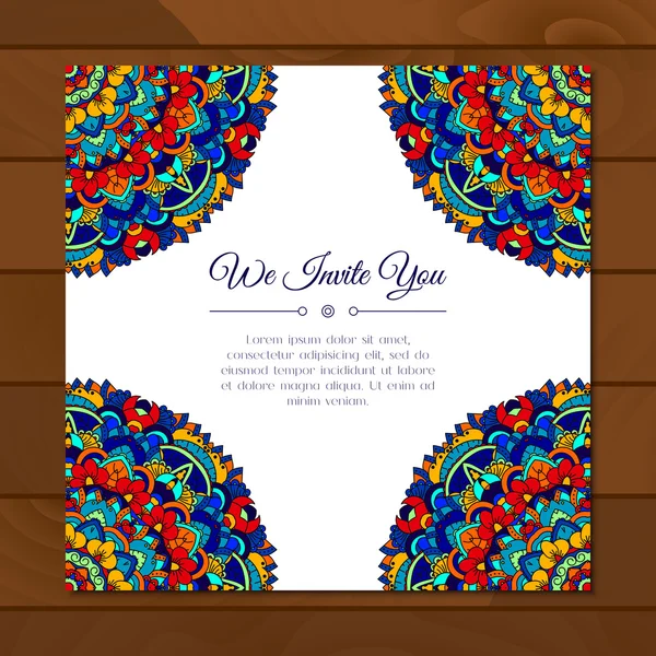 Card or invitation with colorful mandala pattern. — Stock Vector