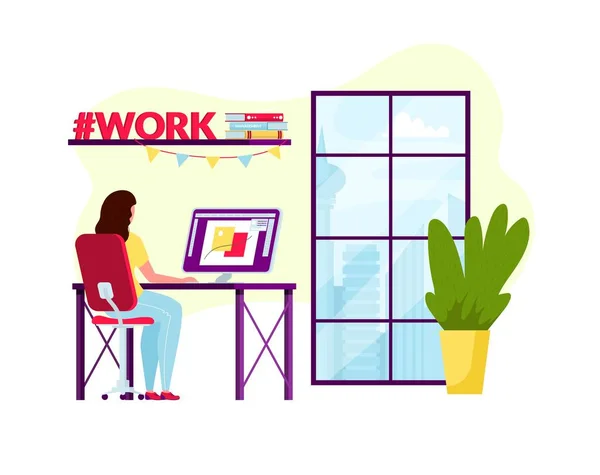 Work at home concept design. Freelance woman working on laptop at her house or office. Vector illustration — Stock Vector