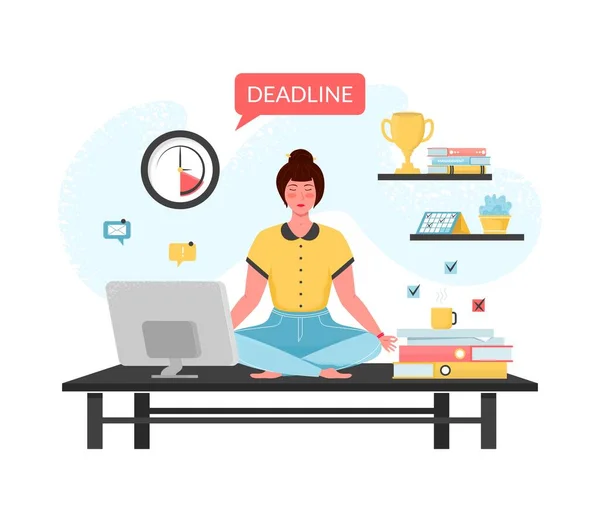 Girl meditating at workplace. Businesswoman doing yoga to calm down stressful emotion from hard work in office over desk — Stock Vector