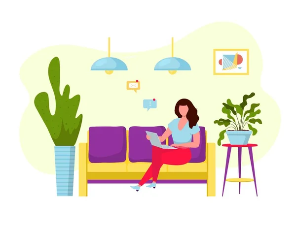 Freelancer Woman Computer Couch Young Girl Working Laptop Home Cozy — Stock Vector