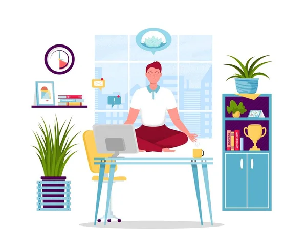 Man meditating at workplace. Businessman doing yoga to calm down stressful emotion from hard work in office over desk — Stock Vector