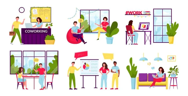 Sammlung von Szenen im Büro oder Coworking Vektor Illustrationen. Männer und Frauen arbeiten, Brainstorming, Geschäftstreffen — Stockvektor