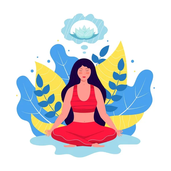 Concepto de meditación de ilustración vectorial. Meditación de chicas jóvenes, practicando yoga. Beneficios para la salud y relajación — Archivo Imágenes Vectoriales