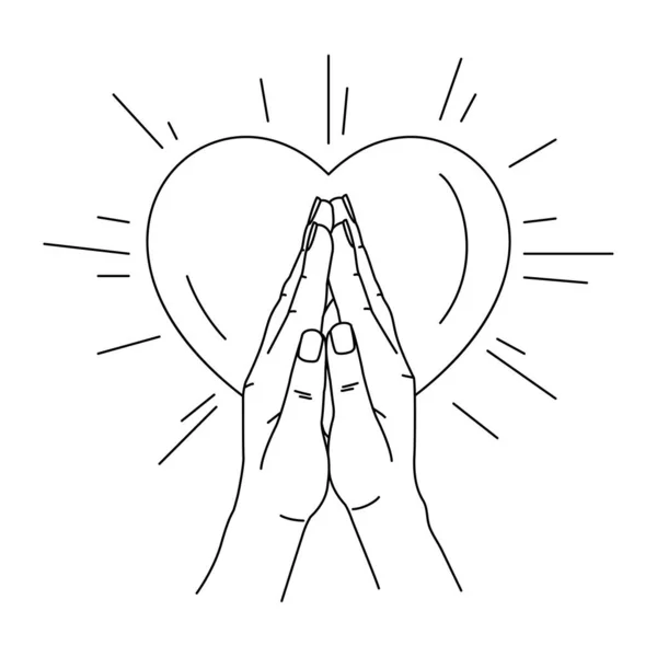 Vektor illusztrációja vonal művészet imádkozó kéz szív alakú háttér. Az emberek szeretetért és békéért imádkoznak. — Stock Vector