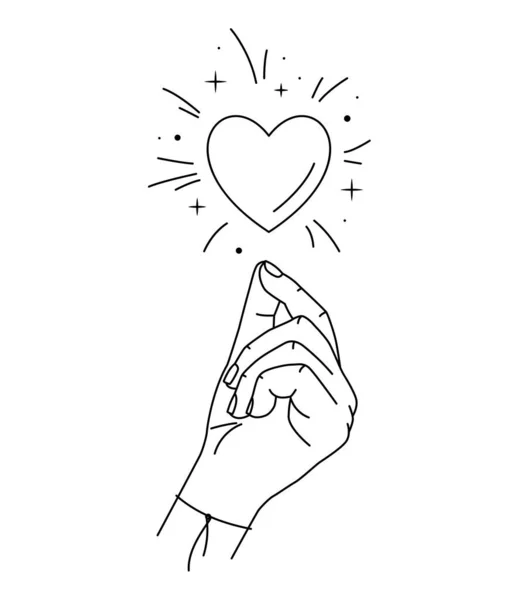 Ilustración vectorial de magia de mano y amor. Arte de línea. Mano mística lineal con corazón y polvo de estrellas. Amor símbolo boho — Archivo Imágenes Vectoriales