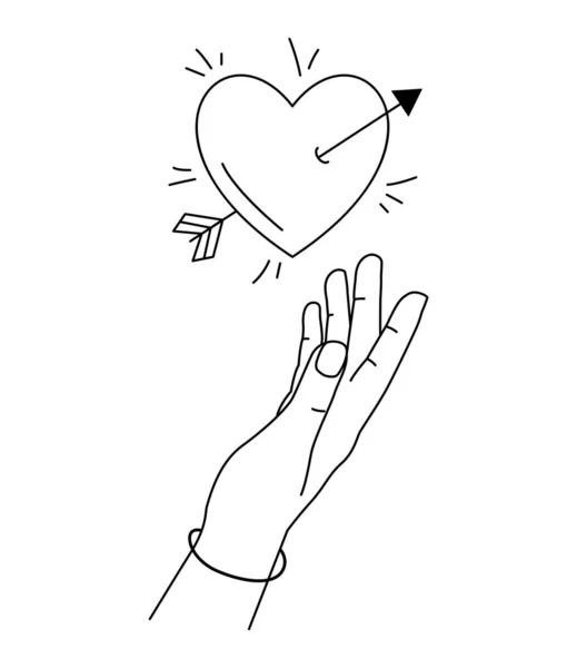 Illustration vectorielle de la main droite atteint pour le cœur dans l'amour. Coeur percé par une flèche. Amour symbole boho. Saint Valentin — Image vectorielle