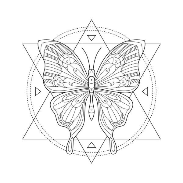 Gizemli kelebeğin vektör çizimi. Kutsal geometri baskısı. Kelebek üçgen ve daire şeklinde. Dövme Tasarımı. Ruhun geometrik mistik sembolü, ölümsüzlük. Ruhani sanat.