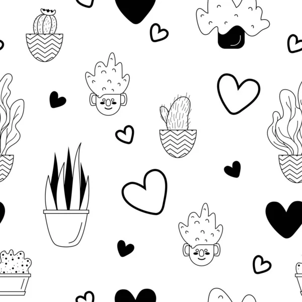 Plantes succulentes et cactus. Modèle vectoriel sans couture avec cactus de dessin animé de jardin à la maison. Conception de tissu. — Image vectorielle