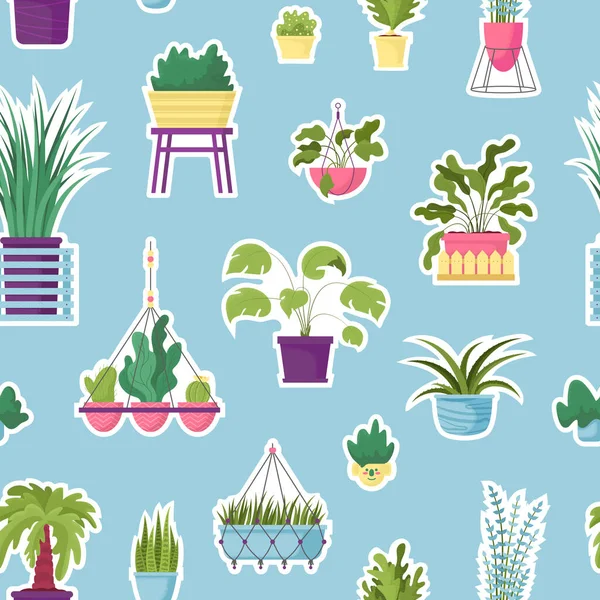 Patrón sin costura vectorial con coloridas plantas en maceta con textura de la casa. Diseño de tela natural botánica, textil, textura — Vector de stock