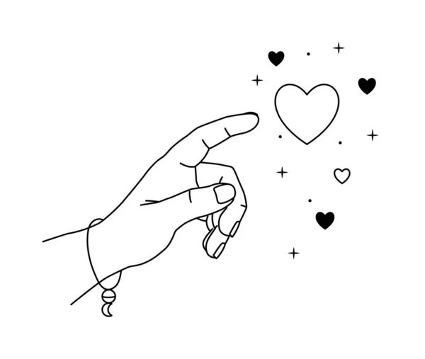 手のベクトルイラストは 愛の魔法のために達する 線画だ ハートとスターダストと線形神秘的な手 ブーホーのシンボルが好き チャリティーコンセプト 女型ジェスチャー ブレスレット付き女性腕 — ストックベクタ