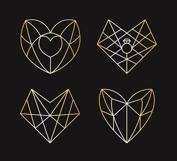 Collection Geometric Golden Heart Shape Vector Illustration Set Poligonal Line — Stock Vector