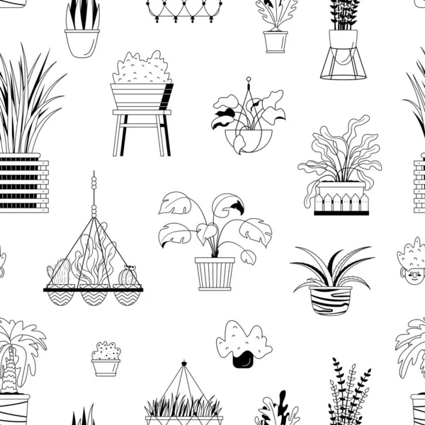 Vector Seamless Pattern House Potted Plants Black White Fabric Design — Stock Vector