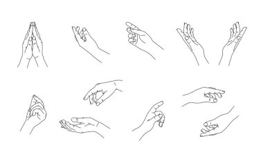 Siyah ince çizgili el hareketlerinin vektör çizimi. Düz vuruş modern basit doğrusal logo. Grafiksel sanat tasarımı beyaza izole edilmiş. Güzel kadın elleri