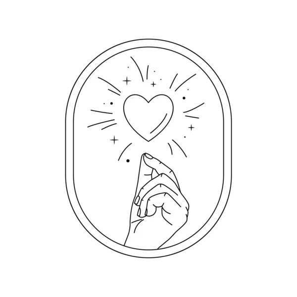 Vektor illusztráció a kéz és a szerelem mágia. Vonalművészet. Lineáris misztikus kéz szívvel és csillagporral. Szerelem boho szimbólum — Stock Vector