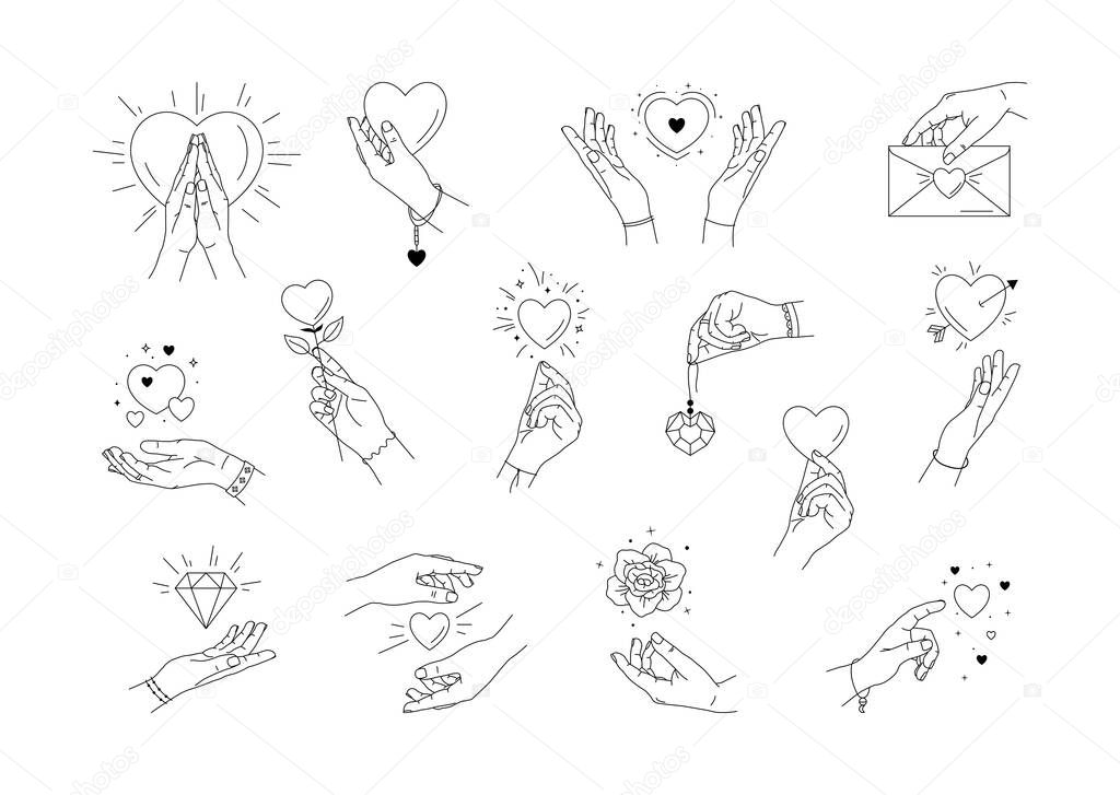 Vector of beauty collection with hand and heart signs. Icons of female ams with love heart symbol set