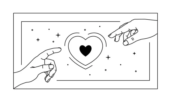 Illustratie van handen reikt naar het hart, liefde magie. Lijnkunst. Mystieke hand met harten en sterrenstof. Liefde boho symbool — Stockvector