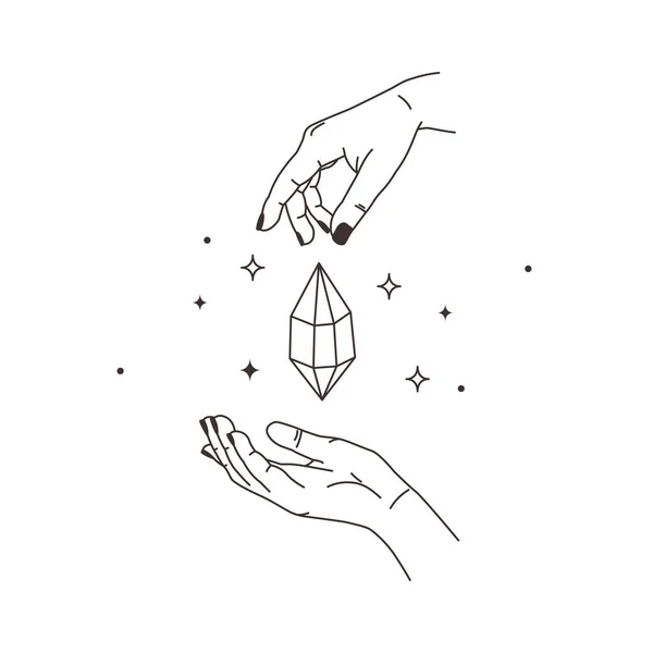 Vector Illustration Line Shining Magic Crystal Woman Hand Brilliant Symbol — Stock Vector