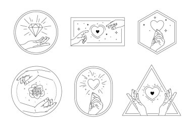 El ve kalp işaretli güzellik logosu koleksiyonunun vektör çizimi. Rozetlerde aşk kalp sembolü var. Güzel kadın elleri farklı jestler ve şekiller, daire, üçgen. Gizemli Yazı