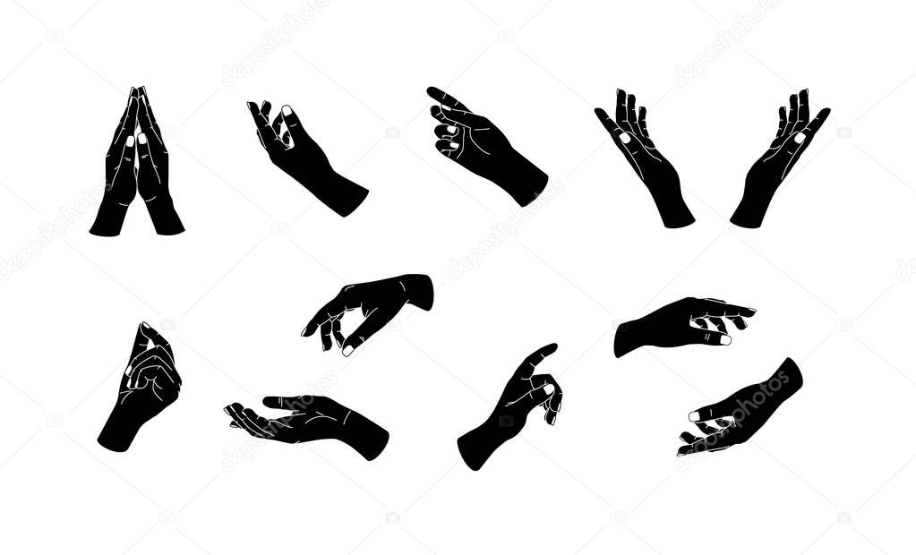 Vector illustration of black flat hands gesture icons. Flat stroke modern simple minimal arm logo. Graphic art design isolated on white. Beautiful female hands. Trendy minimalist style