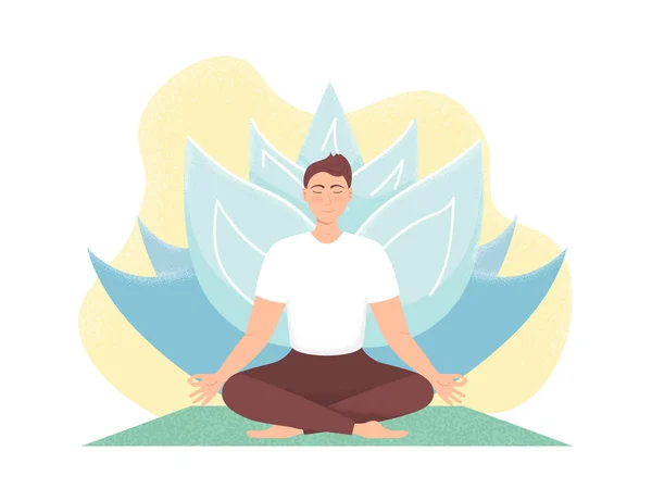 Man meditating in nature. Concept for man yoga, meditation, relax, recreation, healthy lifestyle. Lotus position. Breathing exercise. Spiritual practice. Vector illustration with noise texture.