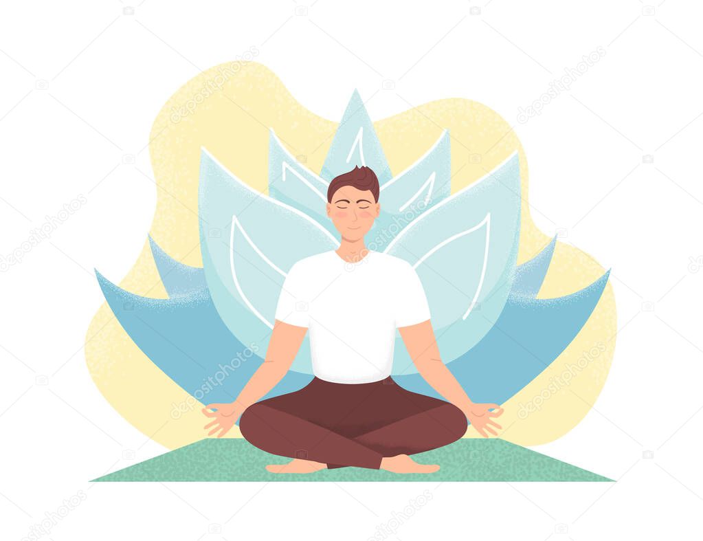 Man meditating in nature. Concept for man yoga, meditation, relax, recreation, healthy lifestyle. Lotus position. Breathing exercise. Spiritual practice. Vector illustration with noise texture.