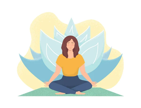 Woman meditating in nature. Concept for girl yoga, meditation, relax, recreation. Healthy woman yoga. Lotus position. Breathing exercise. Spiritual practice. Vector illustration with noise texture.