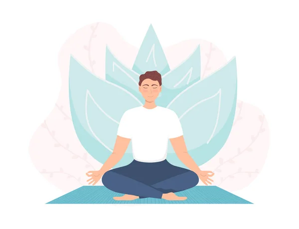 İnsan doğada meditasyon yapıyor. Erkek yogası, meditasyon, rahatlama, dinlenme, sağlıklı yaşam tarzı. Erkek nilüfer pozisyonu