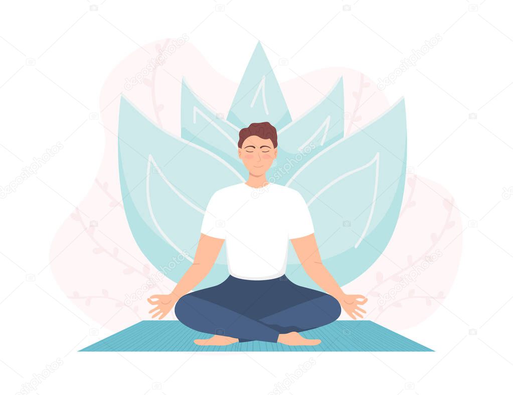 Man meditating in nature. Concept for man yoga, meditation, relax, recreation, healthy lifestyle. Boy lotus position