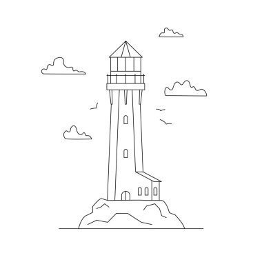 Deniz feneri binasının doğal manzaralı çizgili sanat vektörü, yol aydınlatması. Arama ışığı kulesi, gemilerin deniz navigasyonu. Deniz fareleri ya da fener. Doğrusal deniz feneri deniz ve okyanus teması.