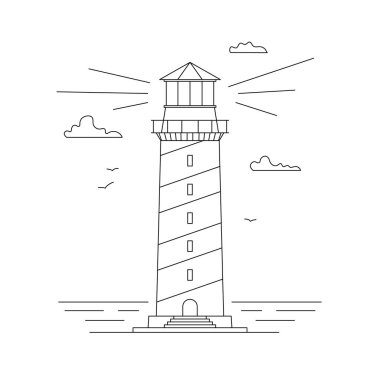 Deniz feneri binasının çizgili sanat vektörü, deniz suyu manzaralı, yol aydınlatmalı. Arama ışığı kulesi, gemilerin deniz navigasyonu. Doğrusal deniz feneri teması deniz kenarı. Deniz fareleri ya da deniz fenerleri.