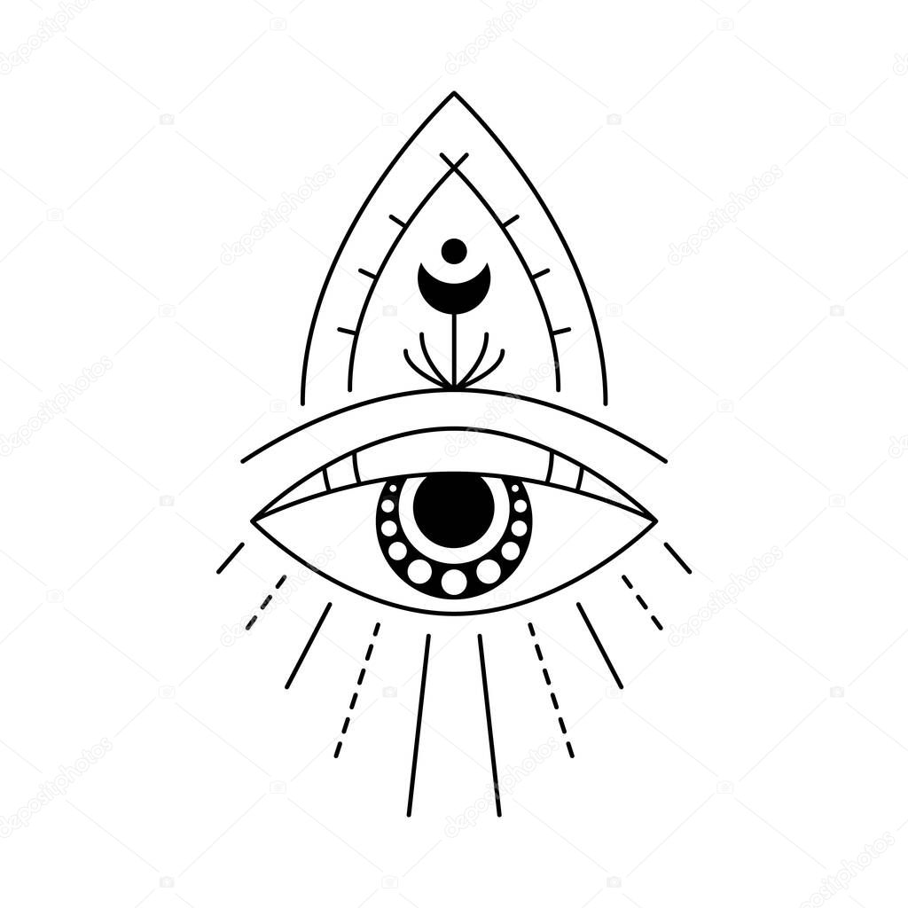 Blackwork mystic eye tattoo flash. Eye of Providence. Magic witchcraft symbol. Evil eye amulet geometric ornament. Esoteric sign. Sacred geometry, spirituality, occultism. Isolated vector illustration
