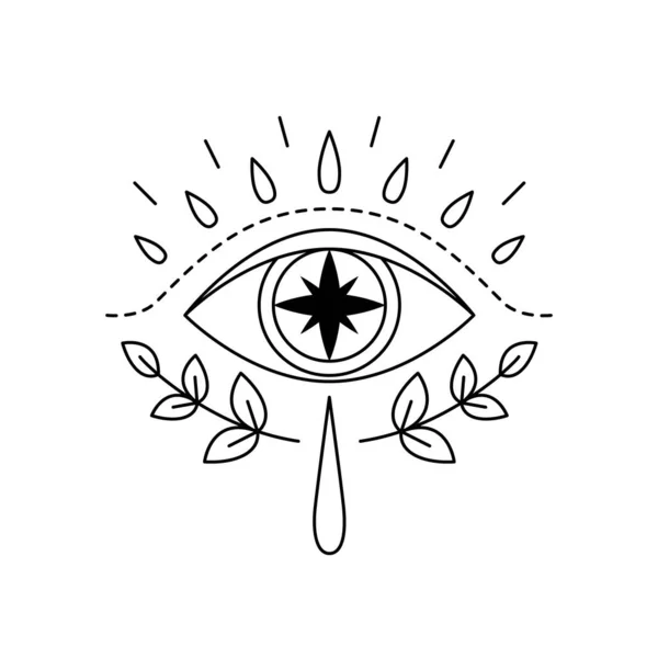 神秘的な目のベクトル図 内部の星と摂理の光景 魔法の魔術のシンボル 幾何学的な線悪の目は葉でお守りします 正真正銘 神聖な幾何学 オカルト 白に隔離された — ストックベクタ