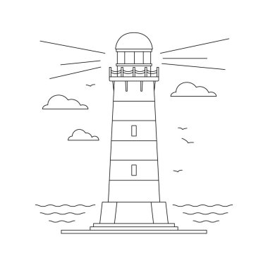 Deniz feneri inşaatının doğal manzaralı çizgili sanat vektörü. Doğrusal deniz feneri deniz ve okyanus teması