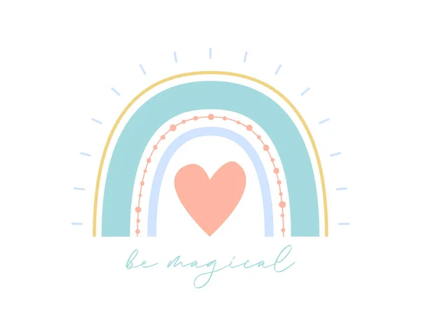 Cute boho rainbow vector illustration with heart. Flat scandi kids style rainbow for romantic valentine's day greeting card, nursery room print. Hand drawn nature weather element Isolated on white