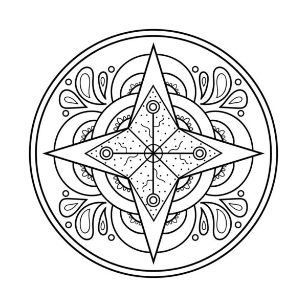 Mandala tasarım elementi. Simetrik yuvarlak süs. Soyut karalama arkaplanı. Kartlar, davetiyeler, parti, çanta, tişört, pazarlama malzemeleri için iyi. Boyama sayfası. Vektör illüstrasyonu