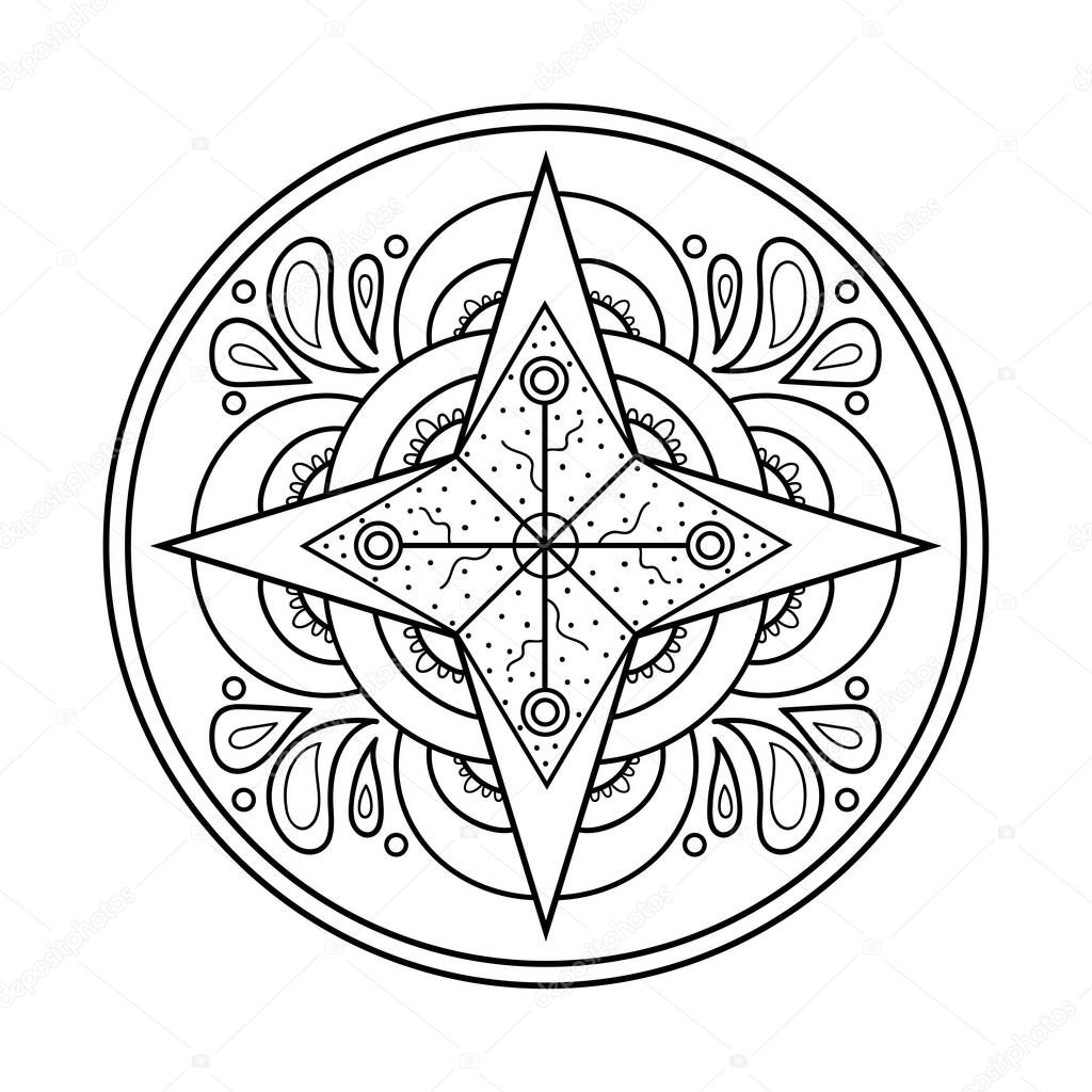 Mandala design element. Symmetric round ornament. Abstract doodle background. Good for cards, invitations, party, bag, t-shirt, marketing materials. Coloring page. Vector illustration