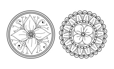 Mandala tasarım elementi. Simetrik yuvarlak süs. Soyut karalama arkaplanı. Kartlar, davetiyeler, parti, çanta, tişört, pazarlama malzemeleri için iyi. Boyama sayfası. Vektör illüstrasyonu
