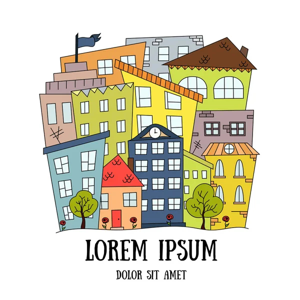 Abstrato colorido doodle cidade fundo com casas . —  Vetores de Stock
