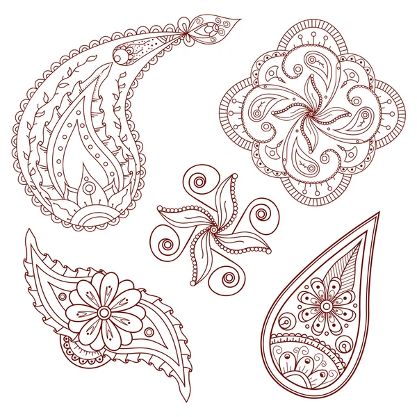 Soyut çiçek ve Hint mehndi tarzı desenli öğeleri kümesi.