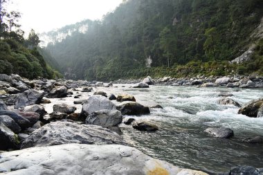 Nehir bhagirathi sabah uttarkashi, uttarakhand, Hindistan 'da kayaların arasından akıyor.
