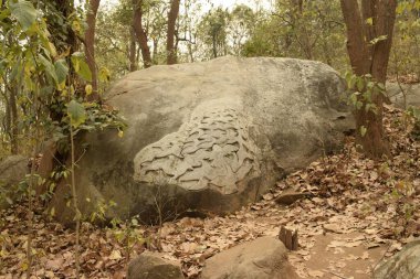 PAKHI PAhad, PURULIA, Batı BENGAL, Hindistan - Mart 09.2021: sanatçılar tarafından dağılmış kayalar üzerinde kaya dizayn edildi