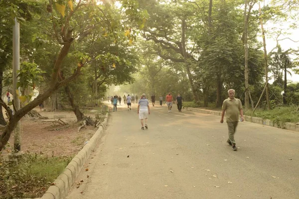 RABINDRA SAROBAR, KOLKATA, WEST BENGAL, INDIA - MARCH 20, 2021 : people walking in the morning as healthy lifestyle inside the park road surrounded by nature